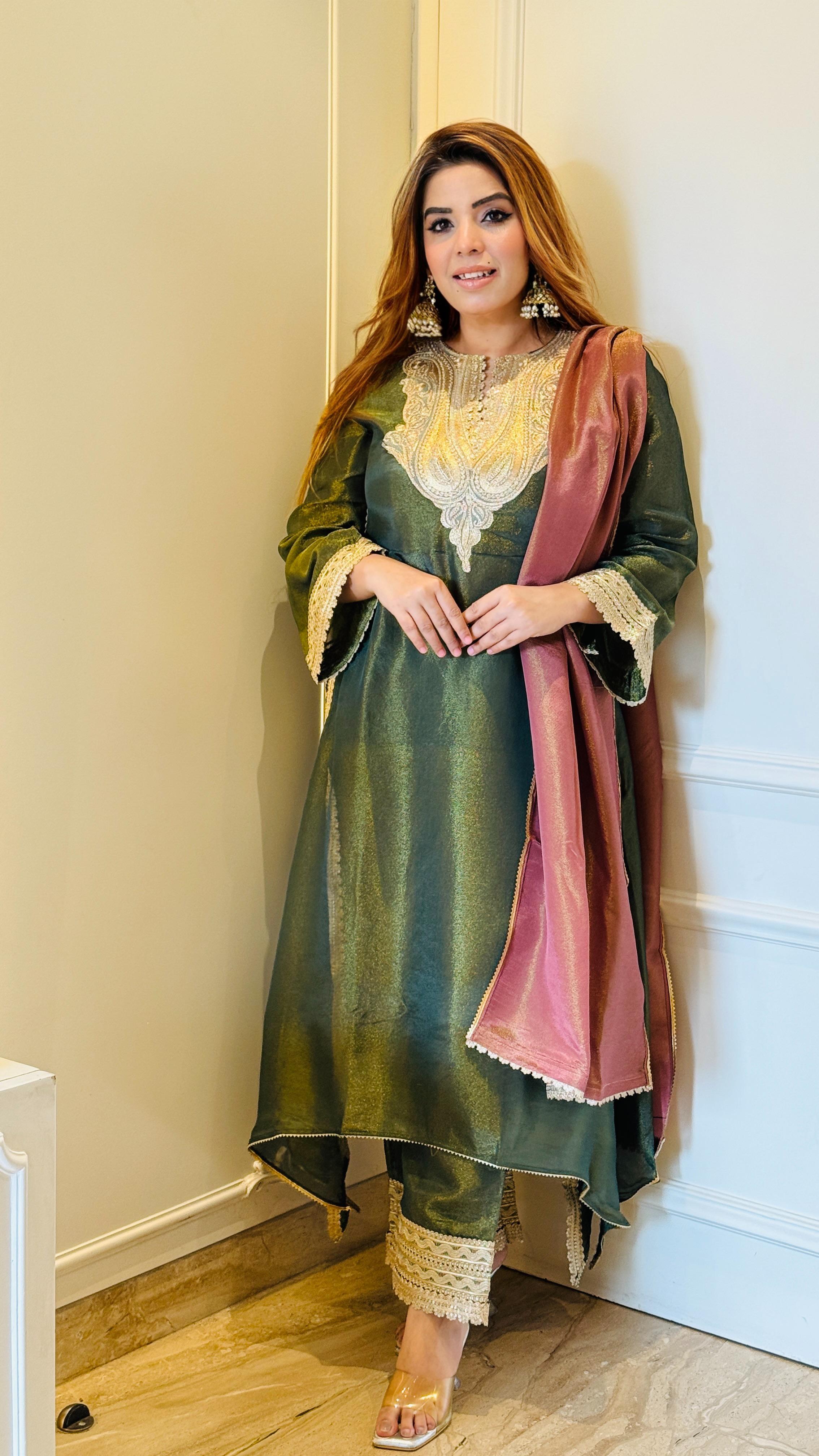 Elegant Suit Set- Green, Pink